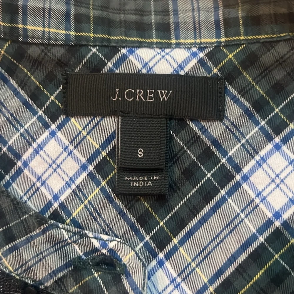 J Crew Dark Green Plaid Top 100% Cotton with Tiny Sequins Detail Size Small
